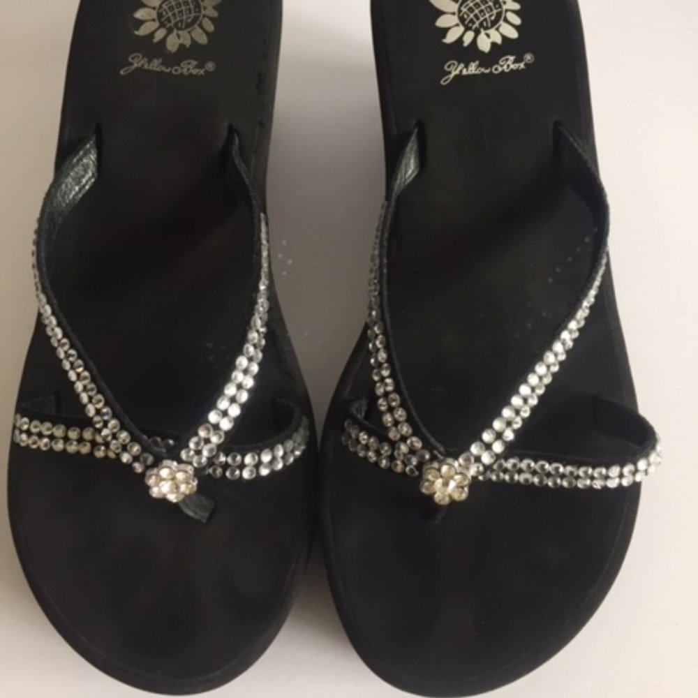 Black Yellow Box Wedge Party Sandals